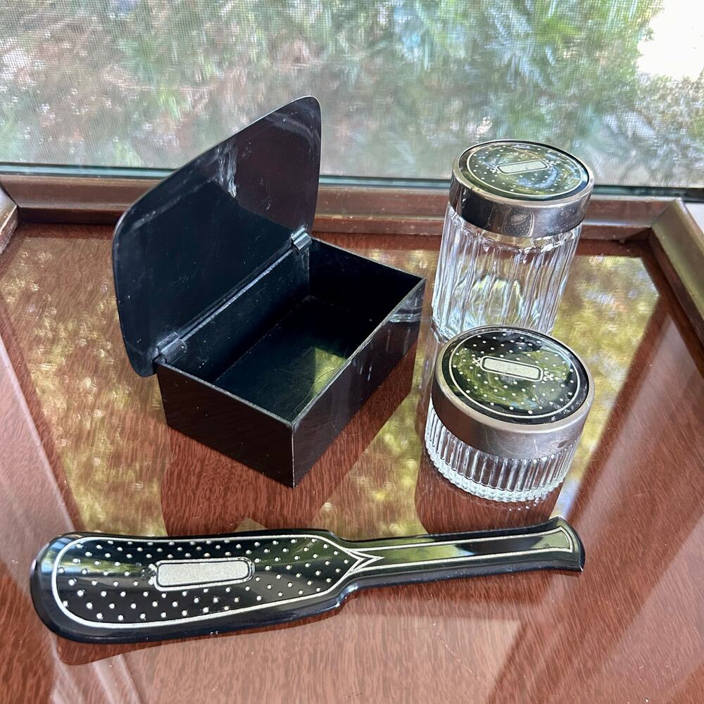 Vintage Black Vanity Dresser Set Glass Jars Brush Hinged Box